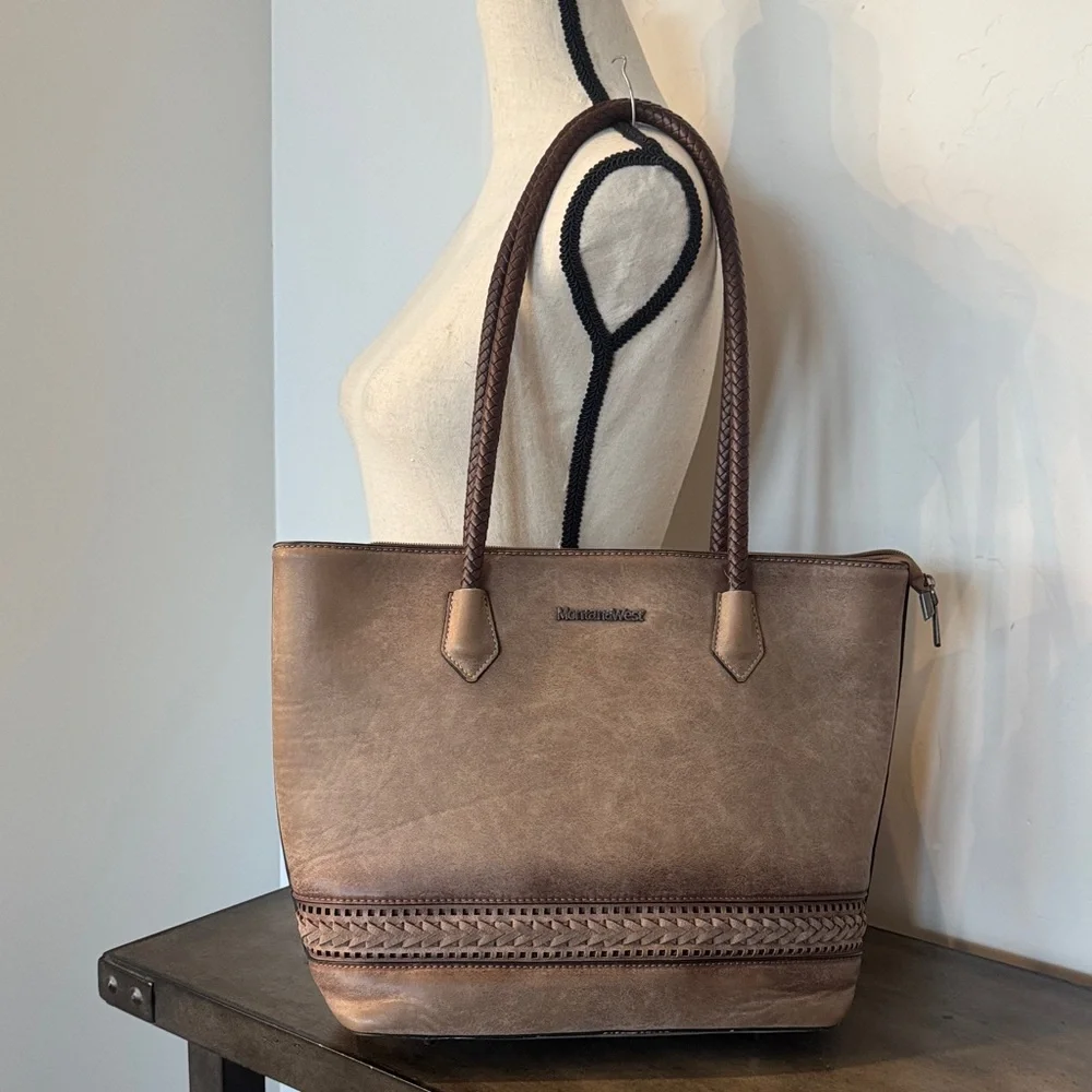 Montana West Pewter Brown Faux Leather Concealed Carry Bag Tote Braided Details - Picture 1 of 15